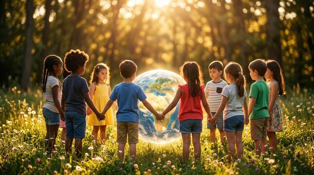 Diverse children of various ethnicities holding hands around a large earth globe at sunset.