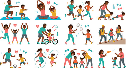 Fototapeta premium Black Family Fitness and Active Lifestyle Vector Character Set with Parents and Kids Exercising Running Cycling Hiking and Playing Sports Together