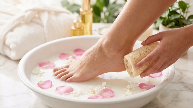 Foot spa soaking in milky bath with flower petals, at home wellness setup, self-care beauty ritual.