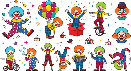 Fototapeta premium Circus Clown Character Vector Collection with Funny Performers Juggling Balloons Unicycle and Playing Accordion for Children Carnival Birthday Party Designs