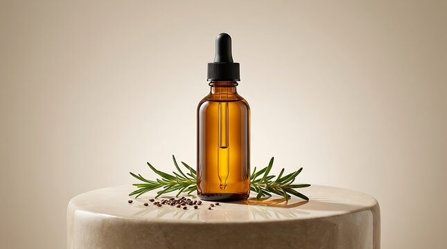 Amber glass dropper bottle with rosemary sprig on a round stone pedestal for organic herbal beauty oil