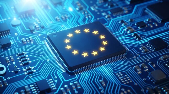Microchip with European Union Flag Stars on Circuit Board