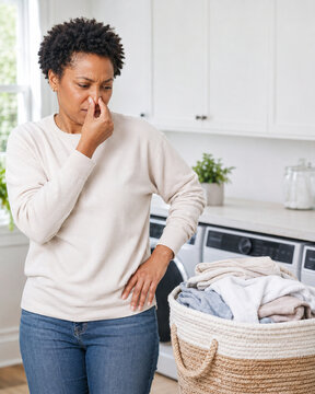 Woman Reacting to Bad Smell in Laundry Room
