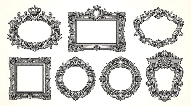 Set of Elegant Vintage Baroque Ornate Frames and Decorative Borders with Intricate Engraving Details