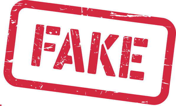 Red fake rubber stamp vector, weathered grunge texture on rectangular frame for counterfeit warning, fake news, fraud alert, and vintage design.
