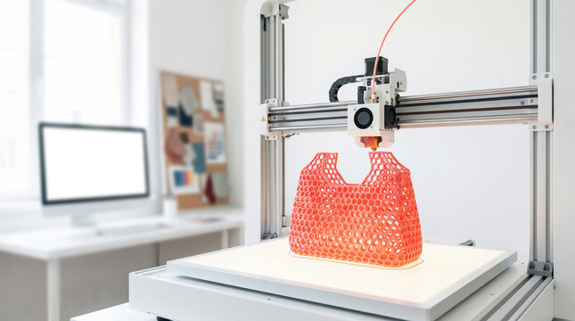 3D printer creating red honeycomb object in modern bright workspace, representing additive manufacturing and innovation.