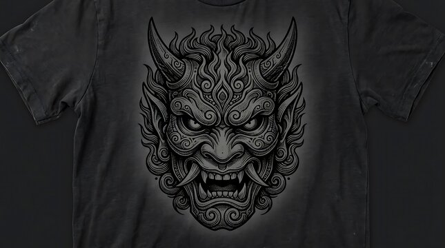 Ornate Japanese Oni Demon Mask Detailed Illustration Graphic Printed on a Black Cotton T-shirt Apparel