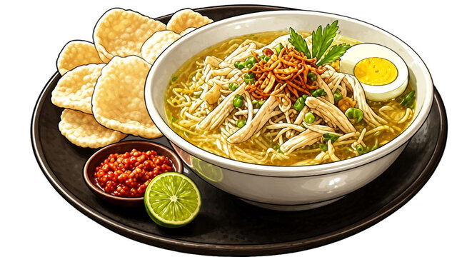 Traditional indonesian soto ayam chicken soup with boiled egg and crackers isolated