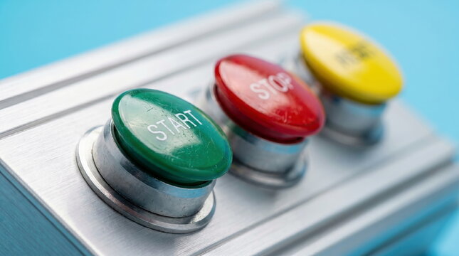 Industrial control panel with green start, red stop, and yellow reset buttons on metal, operations management.