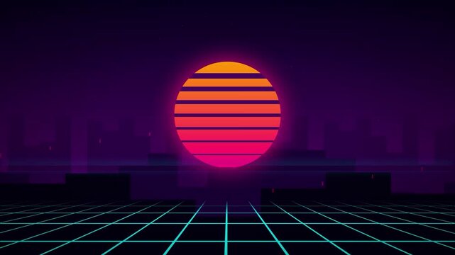 Retro synthwave city skyline neon sunset 1980s vaporwave aesthetic digital grid background for electronic music loop
