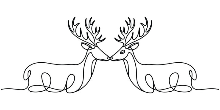 Continuous single line drawing of two deer facing each other with antlers Vector, illustration