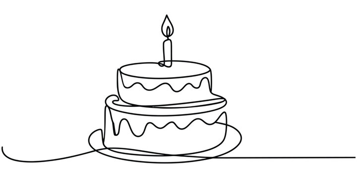 Continuous single line drawing of a delicious birthday cake with a lit candle isolated on a white background Vector, illustration