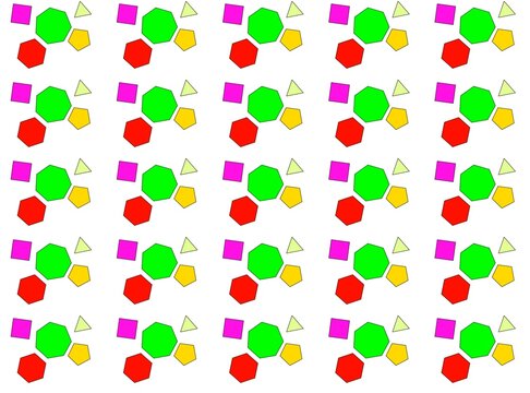 Seamless pattern of colorful geometric shapes including hexagon pentagon square and triangle on white background