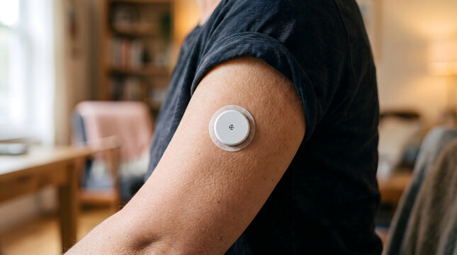 Close-up of a continuous glucose monitor sensor attached to a person's upper arm