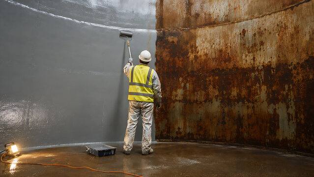 Industrial worker in yellow safety vest standing in gray outdoor industrial facility area during maintenance or inspection