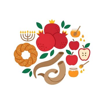 Rosh Hashanah Jewish New Year Traditional Symbols and Food Illustration