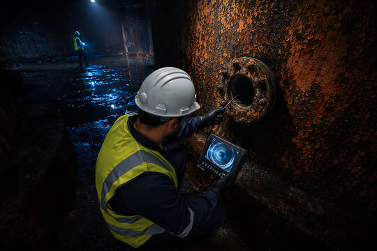 Industrial worker with blue helmet using borescope or inspection camera on corroded rusty metal wall in confined space