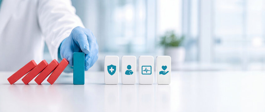 Doctor hand in glove stopping falling red blocks to protect healthcare icons representing medical insurance risk management and patient safety concept in clinical setting.