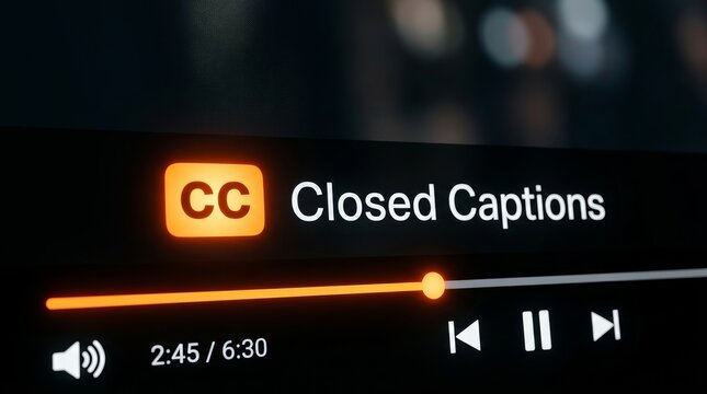 The closed captions CC icon illuminates on a dark video player control bar.