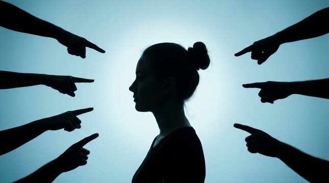 Silhouettes of multiple hands pointing fingers at a woman to symbolize mental health stigma.