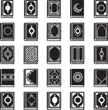 Collection of quran book vector icons with ornate geometric designs on a white background