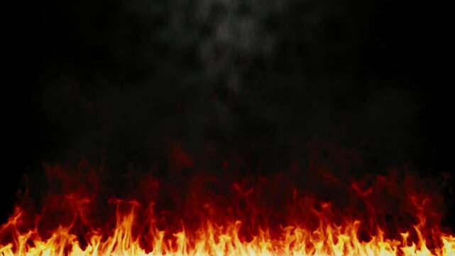 Flames and smoke rise from the bottom of the frame against a solid black background.