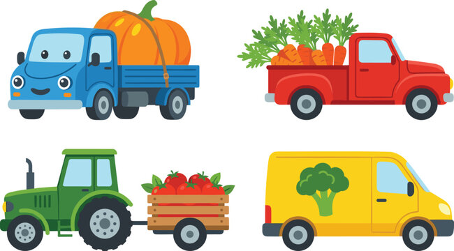Farm Vehicles Vector Set with Cartoon Trucks Tractor and Delivery Van Transporting Fresh Harvest Pumpkin Carrots Tomatoes and Broccoli Vegetables