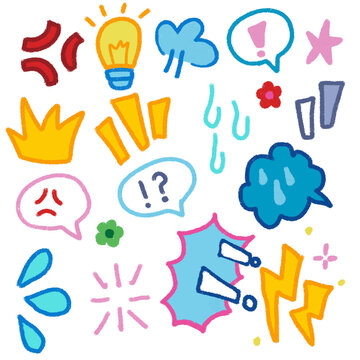 Hand drawn colorful doodle icon set, expression and effect symbols crayon style