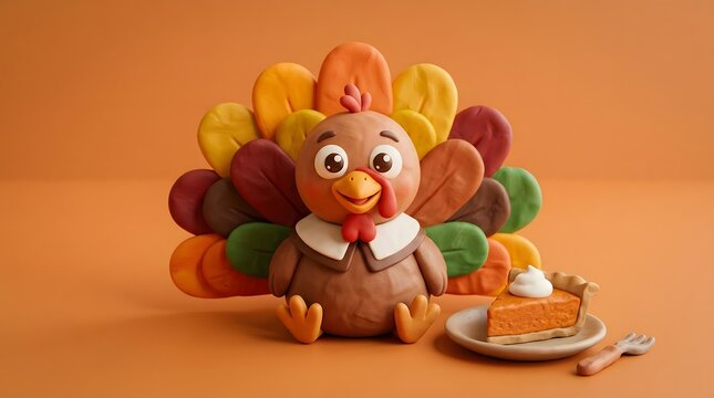 Cute claymation thanksgiving turkey character with a slice of pumpkin pie on an orange background