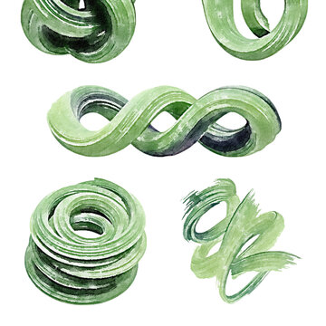 Set of green watercolor brush strokes, loops and abstract shapes
