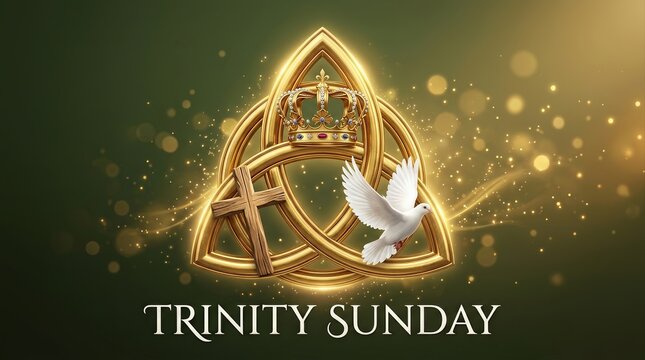 A religious Trinity Sunday design with a golden trinity knot, crown, cross, and dove.