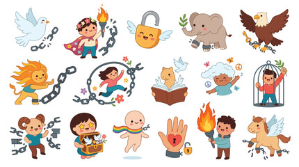 Naklejka premium Collection of charming cartoon illustrations symbolizing freedom, peace, and hope with diverse characters and animals.