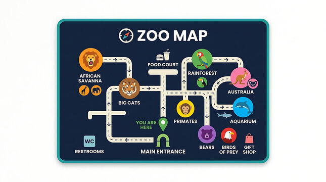 A stylized flat vector illustration of a colorful zoo map featuring animal icons and navigation paths
