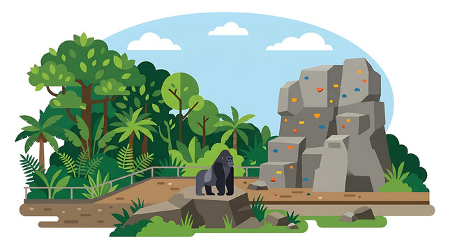 A gorilla stands on a rock in a zoo enclosure with a climbing wall