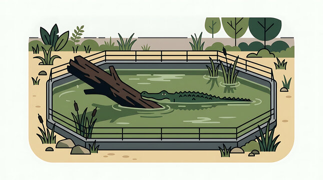 A single crocodile swimming in a fenced zoo enclosure pond