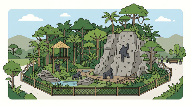 Gorillas at a zoo enclosure with climbing rock and jungle scenery