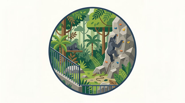 Gorillas in a zoo habitat enclosure with a climbing wall