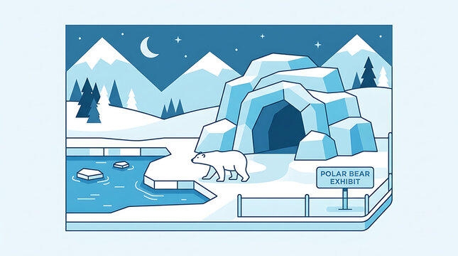 Stylized illustration of a polar bear exhibit at a zoo