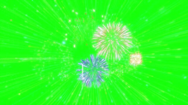 Colorful fireworks explode dynamically on a bright green screen background for video overlay.