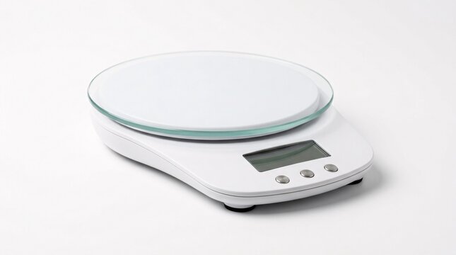 Electronic food weight scale with circular glass platter isolated on white background