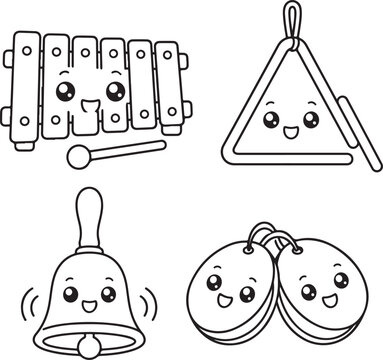 Cute kawaii simple percussion musical instruments line art set