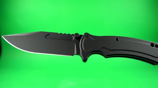 Black tactical folding knife on green screen background