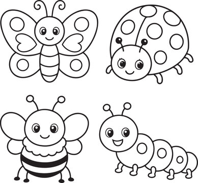 Cute spring bugs and insects line art coloring page set