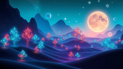 Obraz premium A vibrant and surreal landscape featuring glowing trees under a full moon. The dreamlike colors create a mystical atmosphere, blending nature with fantasy in a breathtaking vista.