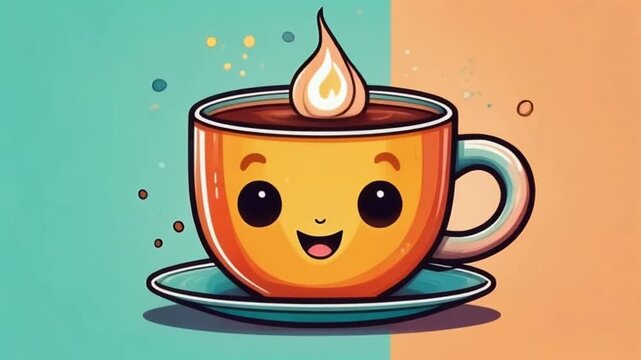 Cute kawaii coffee cup pattern smiling on colorful background