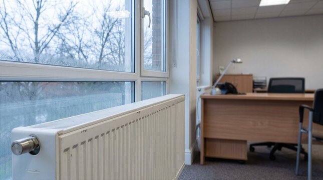Office radiator heating beside cold winter window