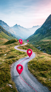 A winding mountain road with GPS location pins marking the path through lush green valleys under a pastel sky.