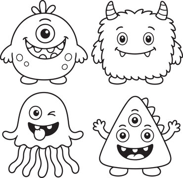 Friendly silly monsters and alien creatures line art coloring set