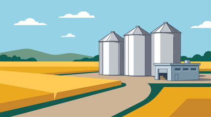 Modern grain storage silos beside expansive agricultural fields © MDMOMINUL