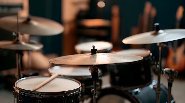 A close up view of a drum kit with cymbals and drumsticks  softly lit in a warm toned room with blurred background instruments